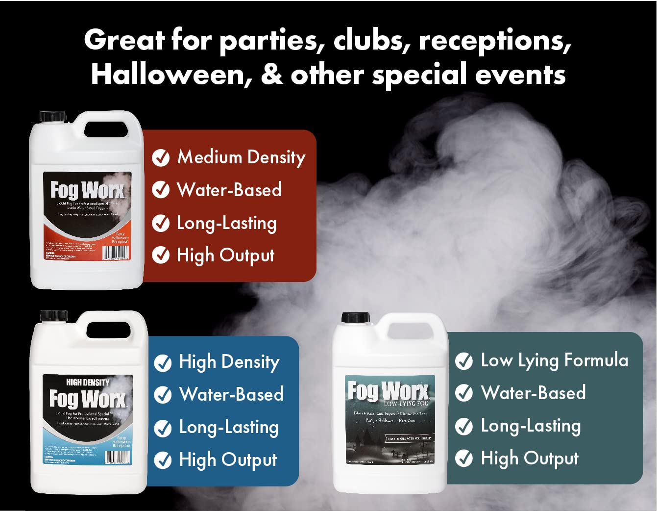 FogWorx Extreme High Density Fog Juice Gallon - Long Lasting, High Output, Odorless Water Based Fog Machine Fluid -for 400 Watt to 1500 Watt Machines