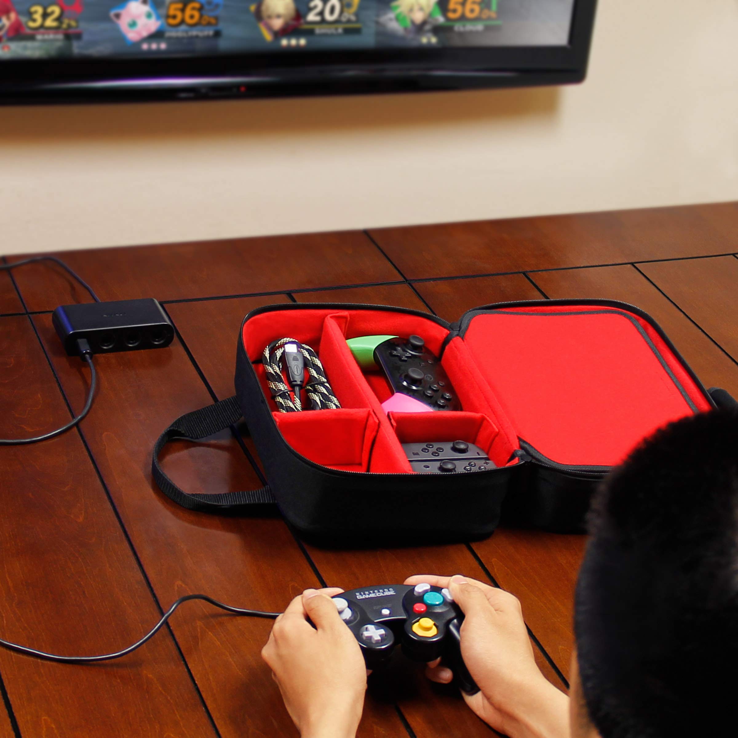 USA GEAR Carrying Case Compatible with Nintendo Switch, Gamecube Controller, Adapter, Pro-Controller, and More Gaming Accessories - Customizable Interior, Shoulder Strap, and Padded Interior - Red