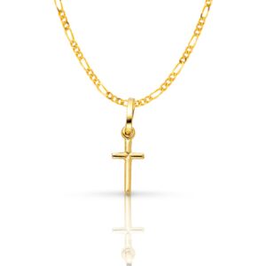 Ioka 14K Yellow Gold Plain Cross Pendant with 1.2mm Figaro 3+1 Chain Chain Necklace - 16"