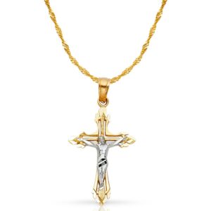 ioka 14k two tone gold jesus crucifix cross pendant with 1.2mm singapore chain chain necklace - 20"