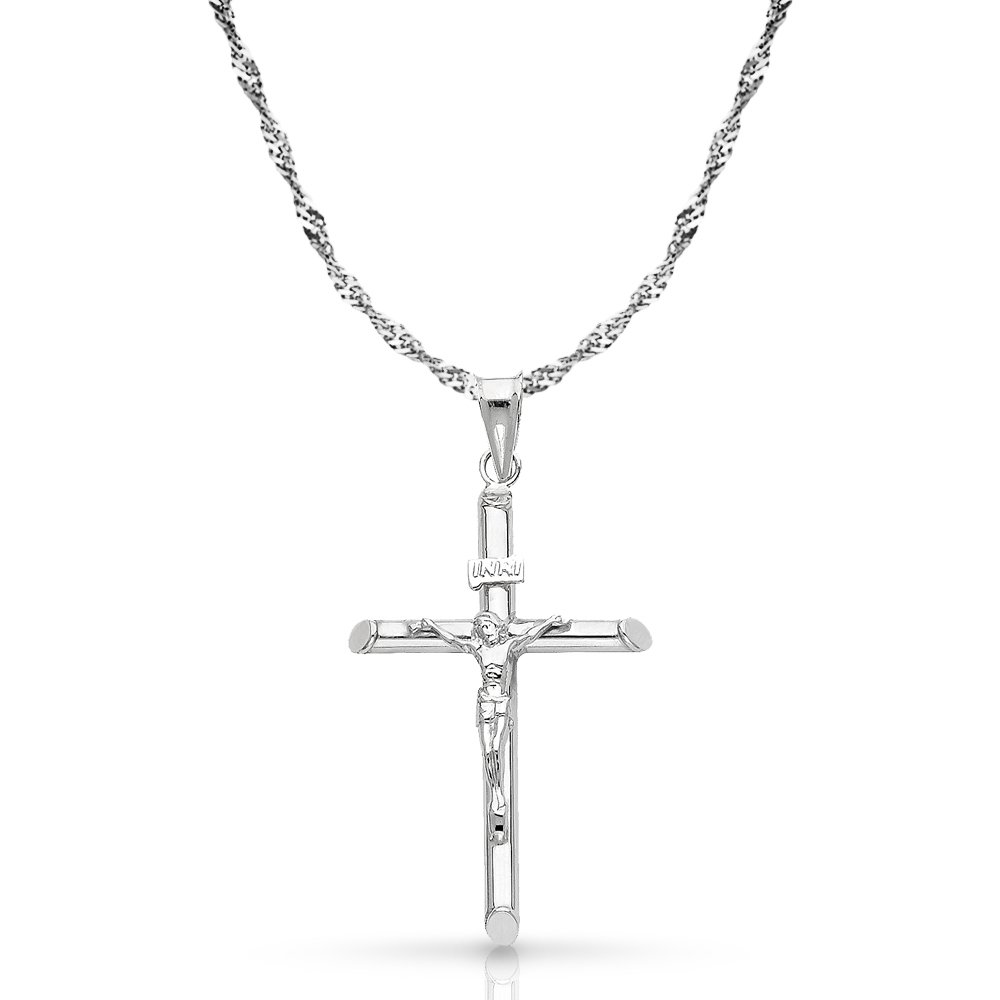 Ioka 14K White Gold Crucifix Cross Pendant with 1.2mm Singapore Chain Chain Necklace - 24"