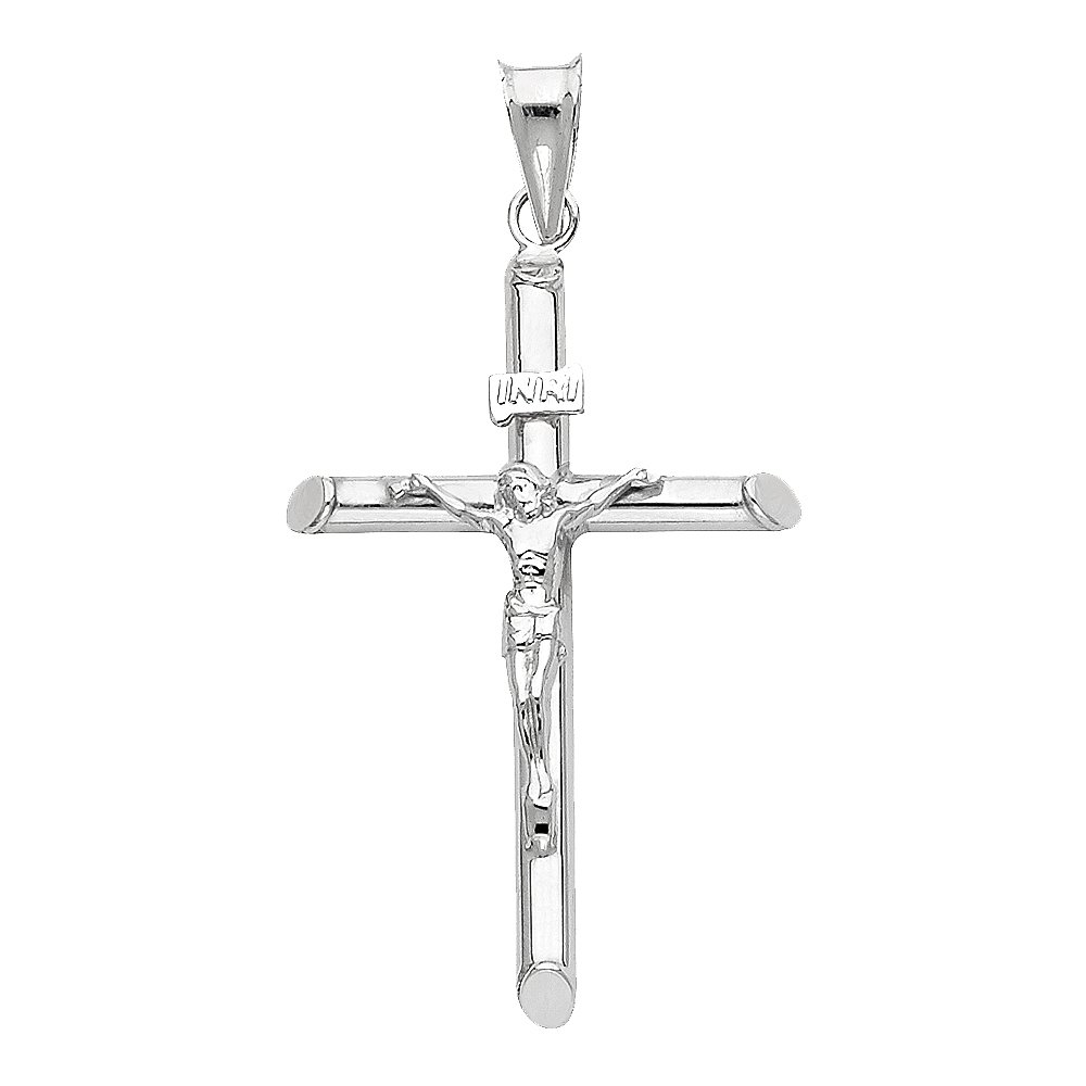 Ioka 14K White Gold Crucifix Cross Pendant with 1.2mm Singapore Chain Chain Necklace - 24"