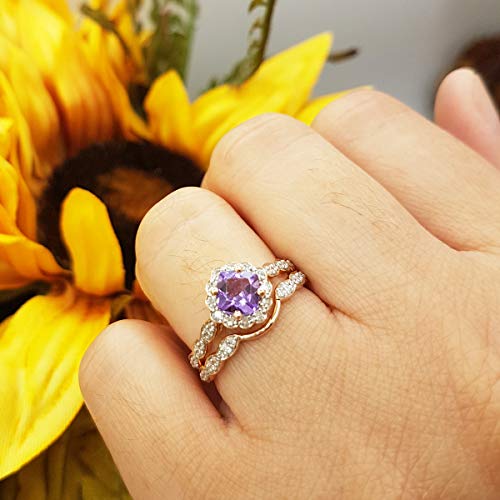 Dazzlingrock Collection 5.5 MM Cushion Amethyst & Round Diamond Ladies Halo Wedding Ring Set in 14K Rose Gold, Size 7.5