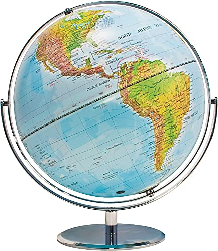 12" World Globe with Blue Oceans, Raised Relief, Silver, Semi-Meridian