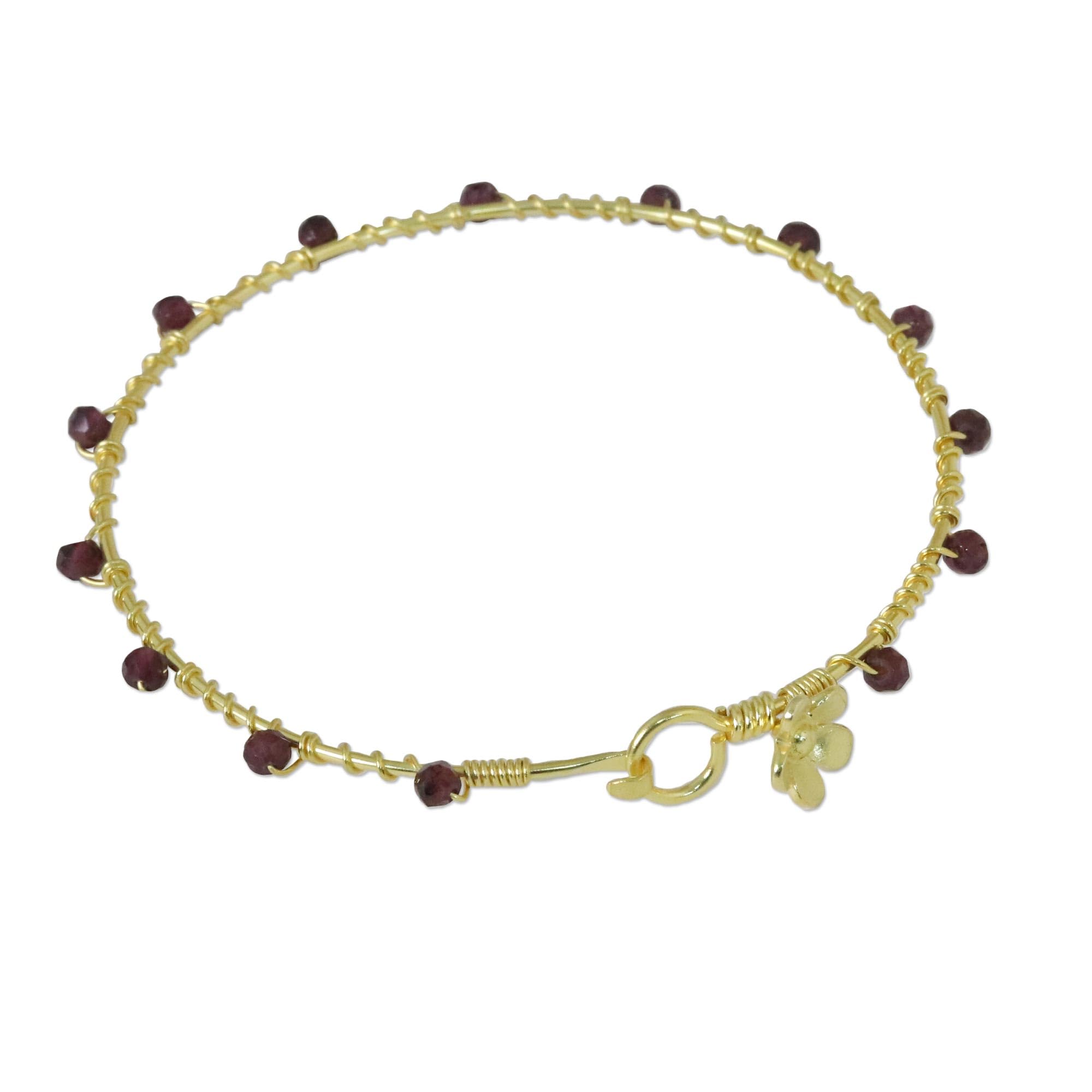 NOVICA Artisan Gold Plated Garnet Bangle Bracelet Floral from Thailand Red Tone Birthstone [7.5 in Inner Circ. 4 mm W] ' Floral Berries'