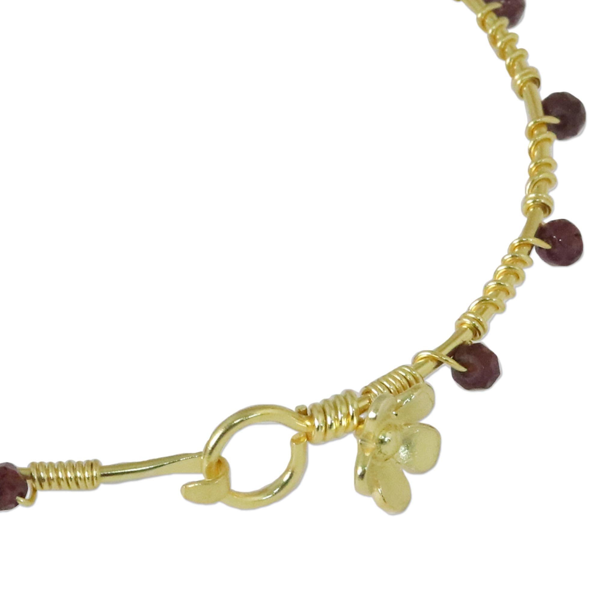 NOVICA Artisan Gold Plated Garnet Bangle Bracelet Floral from Thailand Red Tone Birthstone [7.5 in Inner Circ. 4 mm W] ' Floral Berries'