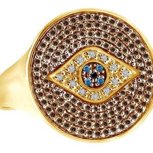 AFFY Round Cut Simulated Blue Sapphire Natural Diamond Evil Eye Circle Ring in 14K Solid Yellow Gold