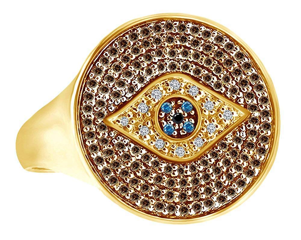 AFFY Round Cut Simulated Blue Sapphire Natural Diamond Evil Eye Circle Ring in 14K Solid Yellow Gold