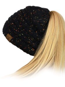 c.c beanietail soft stretch cable knit messy high bun ponytail beanie hat, confetti black