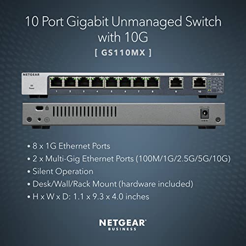 NETGEAR 10-Port Gigabit/10G Ethernet Unmanaged Switch (GS110MX) - with 8 x 1G, 2 x 10G/Multi-gig, Desktop, Wall or Rackmount, and Limited Lifetime Protection