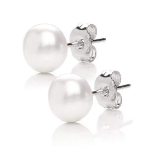 MABELLA 925 Sterling Silver AAA Genuine Freshwater Cultured Pearl White Button Stud Earrings Jewelry Gifts for Women 8mm