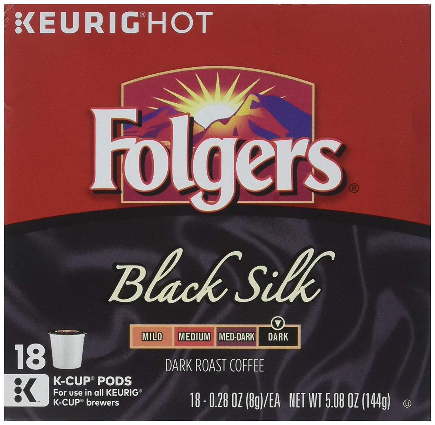 Folgers Black Silk Dark Roast Coffee, 72 K Cups for Keurig Makers, 18 Count (Pack of 4)