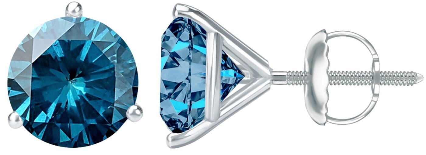 Houston Diamond District 3/4 Carat Total Weight Blue Diamond Solitaire Stud Earrings Pair 14K White Gold Popular Premium Collection 3 Prong Screw Back