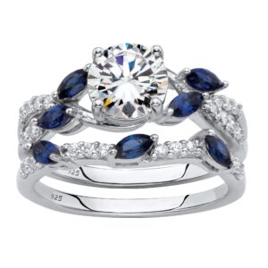 PalmBeach Platinum-Plated Silver Round Cubic Zirconia with Marquise Sapphire Emerald or Cubic Zirconia Vine Bridal Ring Set Size 10