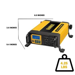 DEWALT DXAEPI1000 Power Inverter 1000W Car Converter with LCD Display: Dual 120V AC Outlets, 3.1A USB Ports, Battery Clamps