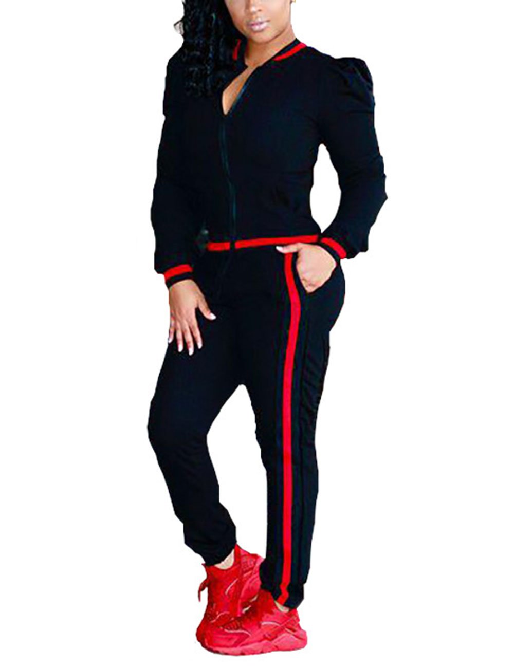 Casual Long Sleeve Zip Up Jacket and Pants Sweatsuits Tracksuits 2 Pieces outfits for Ladies,Black,Tag XL/US(12-14)