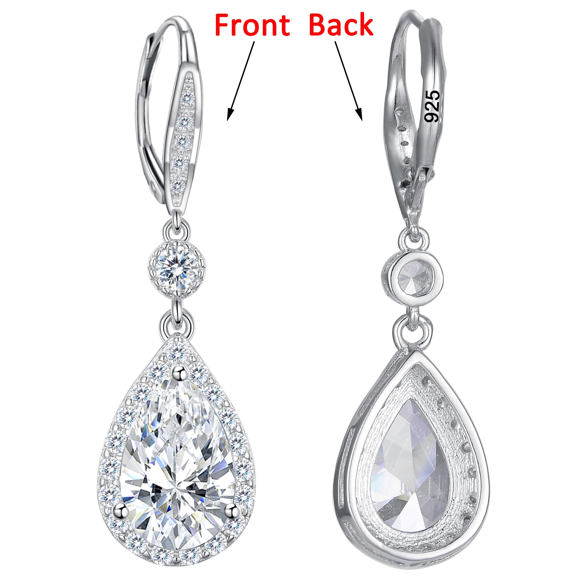 EleQueen Teardrop Lever-back Dangle Earrings 925 Sterling Silver Full Cubic Zirconia Bridal Long Earrings for Women, Valentine's Day/Mother's Day/Christmas Jewelry Gift