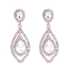 NLCAC Women Pear Shape Crystal Earrings Dangle Teardrop Rhinestone Chandelier Bridal Earring for Wedding (clear crystal rose gold plated)