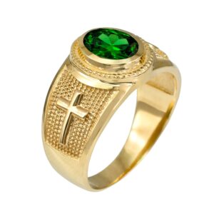 Religious Jewelry by LABLINGZ 10K Yellow Gold Christian Cross May Birthstone Green CZ Ring (11)