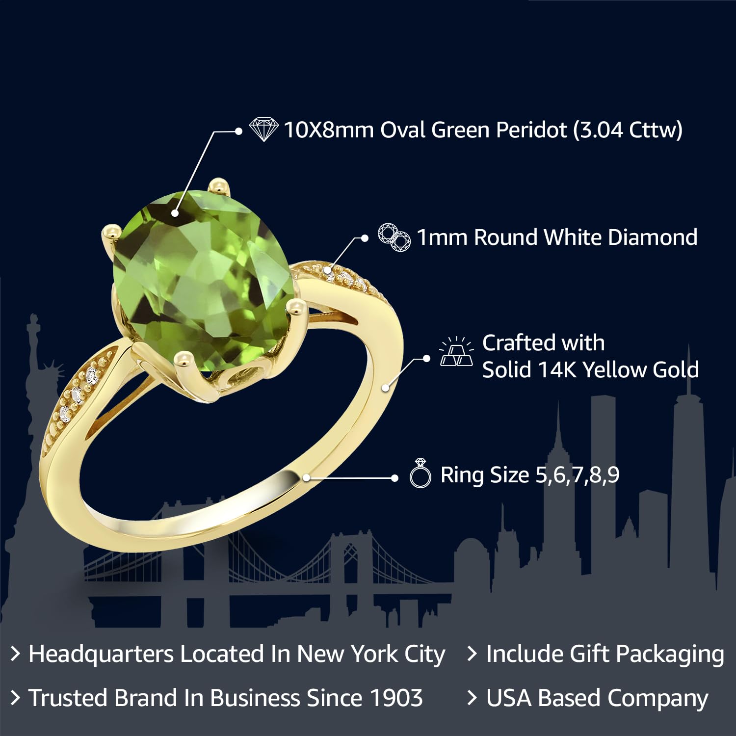 Gem Stone King 14K Yellow Gold 10X8MM Oval Gemstone Birthstone and White Diamond Engagement Ring | Wedding Anniversary Promise Gold Ring For Women | Size 5,6,7,8,9