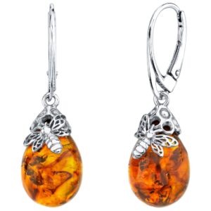 Peora Genuine Baltic Amber Bumble Bee Earrings for Women 925 Sterling Silver, Teardrop Shape, Rich Cognac Color, Lever backs