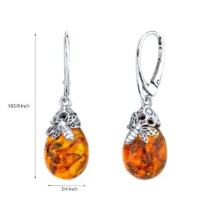 Peora Genuine Baltic Amber Bumble Bee Earrings for Women 925 Sterling Silver, Teardrop Shape, Rich Cognac Color, Lever backs