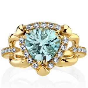 PEORA Aquamarine Homage Ring for Women 14K Yellow Gold with White Topaz, Genuine Gemstone Birthstone, 1.50 Carats Trillion Cut 8mm, Size 7