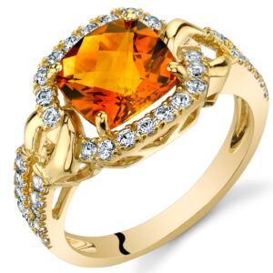 peora citrine elegant halo ring for women 14k yellow gold with white topaz, genuine gemstone birthstone, 2 carats cushion cut 8mm, size 9