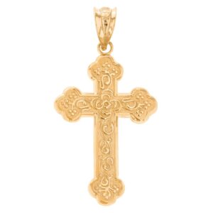 Religious Jewelry 14k Yellow Gold Eastern Orthodox Floral Rose Cross Pendant