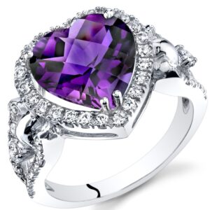 peora amethyst large heart halo ring for women 14k white gold with white topaz, genuine gemstone, 3 carats 10mm, size 6