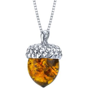 peora genuine baltic amber acorn pendant necklace for women 925 sterling silver, rich cognac color, with 18 inch chain