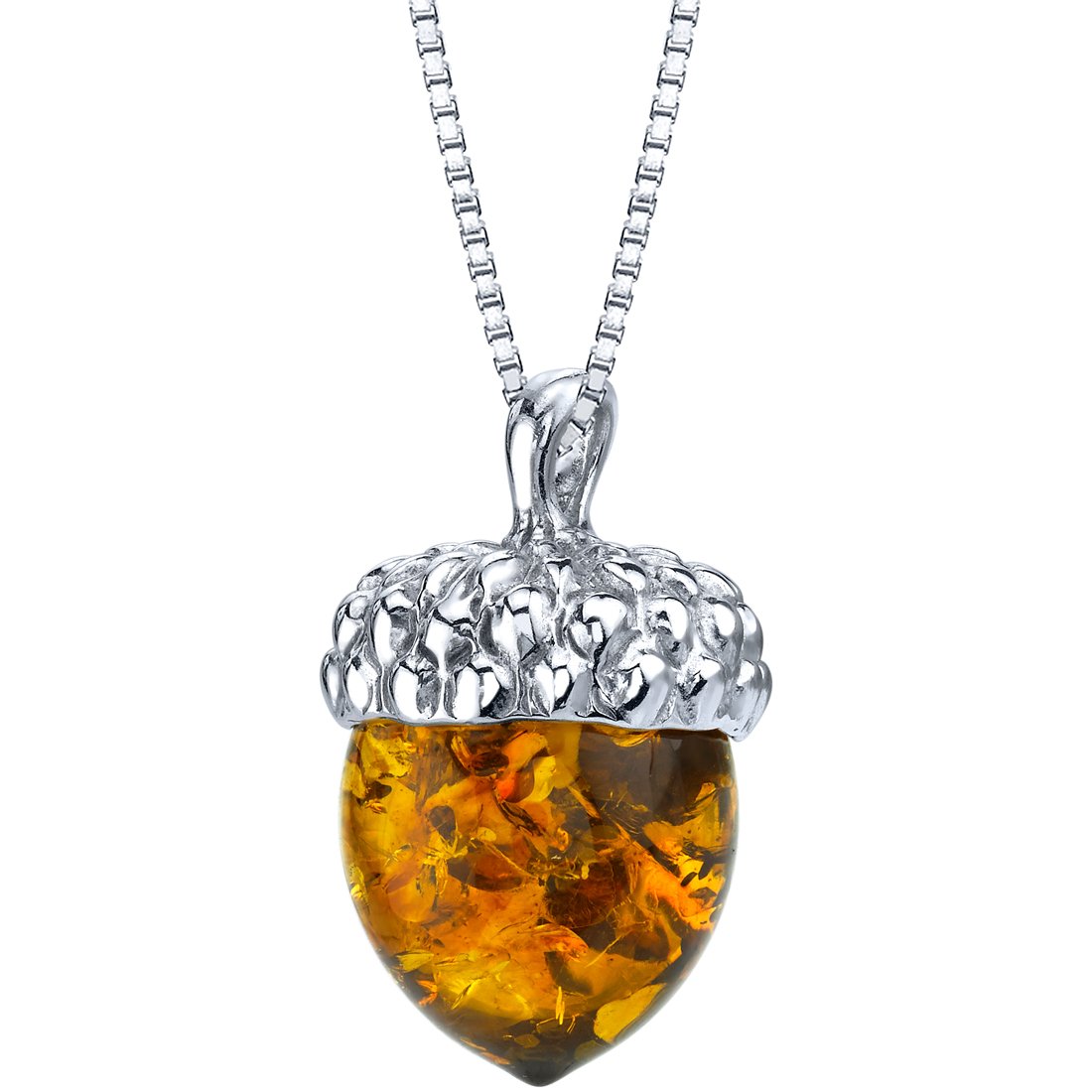 PEORA Genuine Baltic Amber Acorn Pendant Necklace for Women 925 Sterling Silver, Rich Cognac Color, with 18 inch Chain