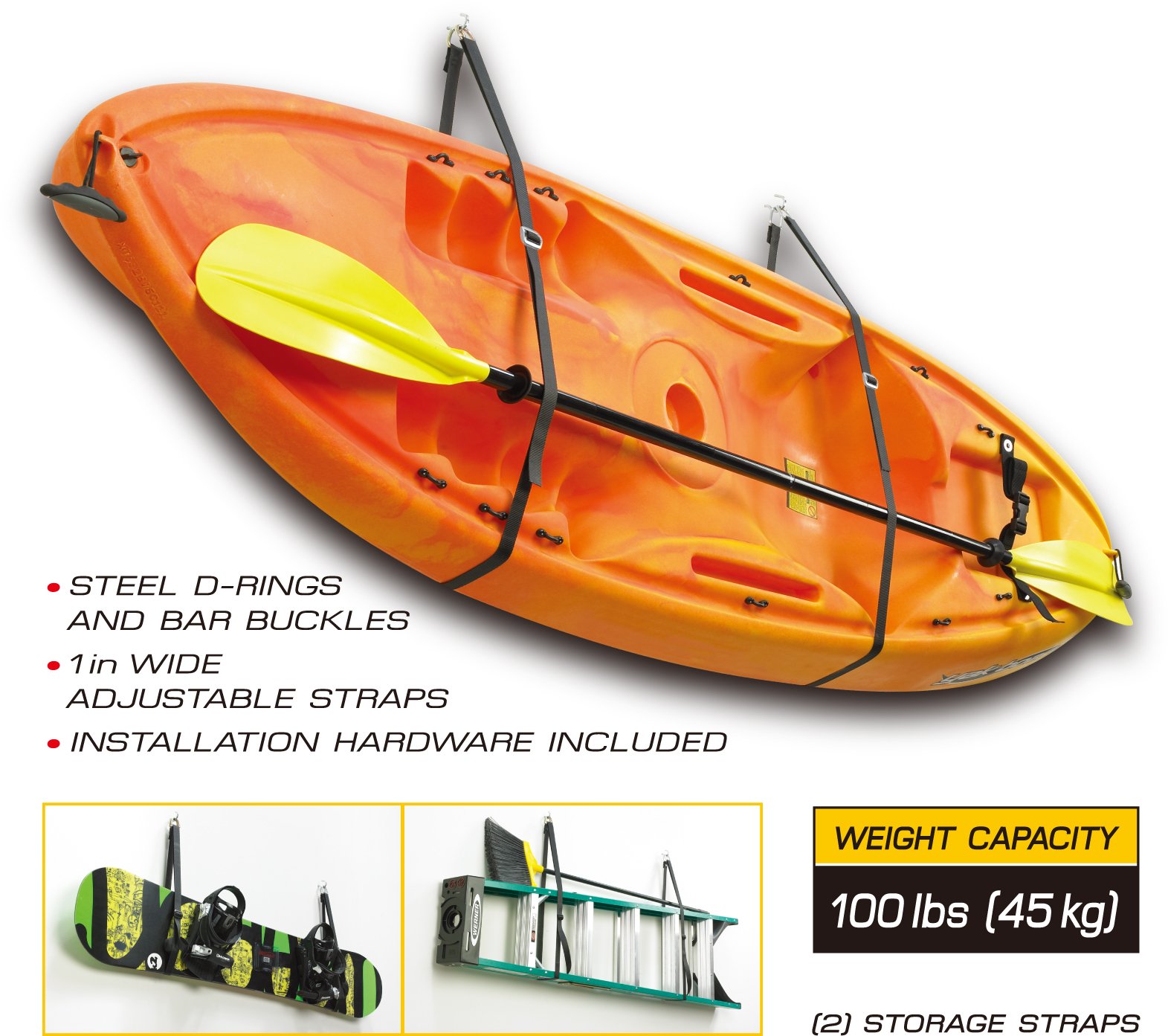 FITOOL Kayak Storage System, Canoes Wall Rack Holders, Adjustable Storage Straps Garage Hangers, 100LBS(45KGS) Weight Capacity, Skiing Board, Ladder, Canoes, Kayak Wall Mount Storage System