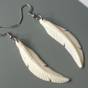 Swimmi 2.4 inch Bone Feather Earrings, Hand Craved Feather Bone Earrings, Handmade Dangle Drop Hook Bone Jewelry FA026