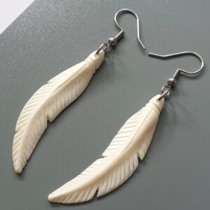 Swimmi 2.4 inch Bone Feather Earrings, Hand Craved Feather Bone Earrings, Handmade Dangle Drop Hook Bone Jewelry FA026