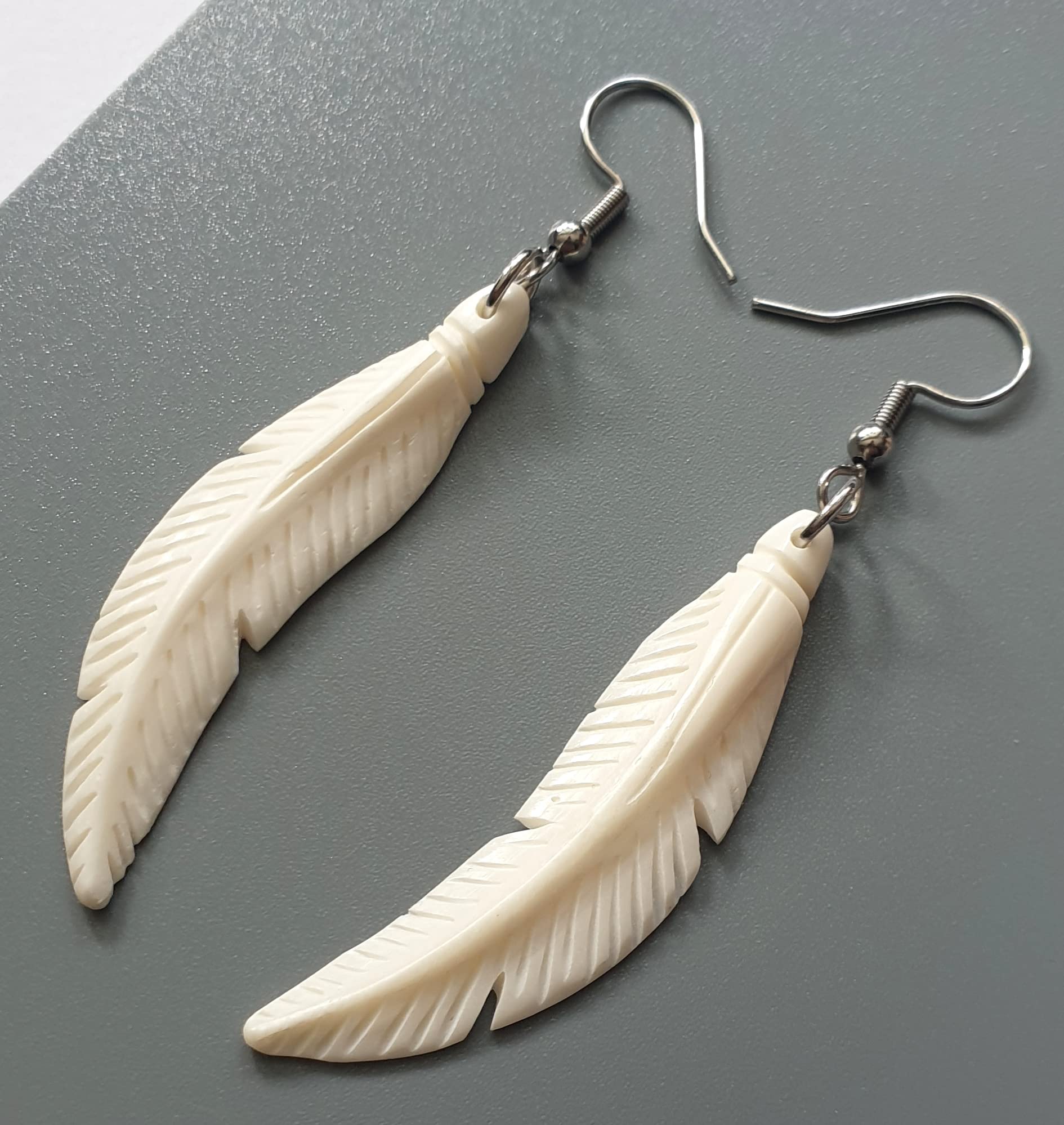 Swimmi 2.4 inch Bone Feather Earrings, Hand Craved Feather Bone Earrings, Handmade Dangle Drop Hook Bone Jewelry FA026