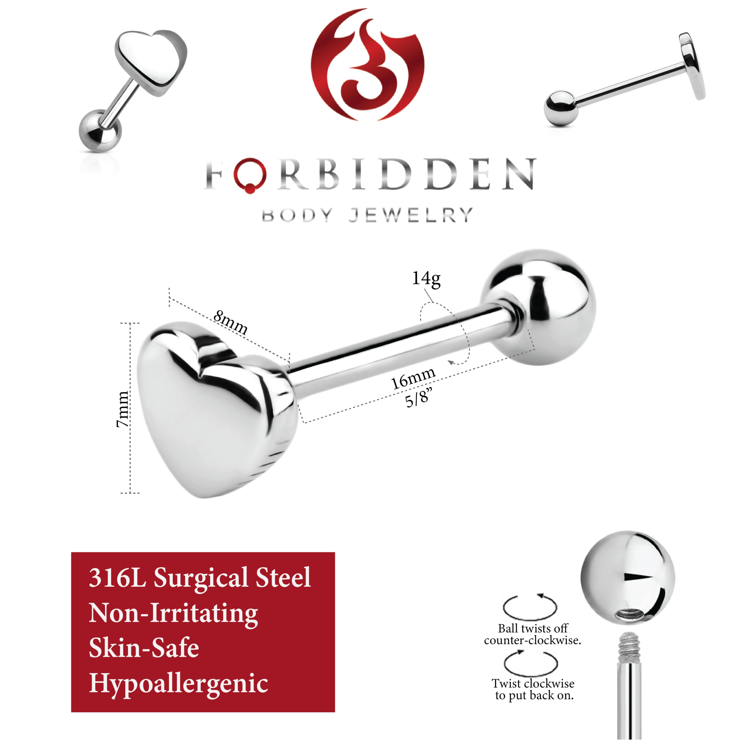 Forbidden Body Jewelry Tongue Rings Surgical Steel Screw-On Heart Shape Top Tongue Barbell 14G