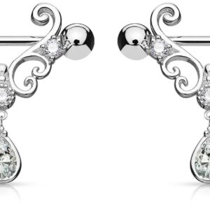 Forbidden Body Jewelry 14g 9/16 Inch (14mm) Surgical Steel Heart Filigree CZ Tear Drop Partial Nipple Shield Barbell Set