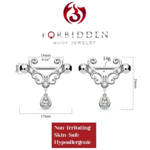 Forbidden Body Jewelry 14g 9/16 Inch (14mm) Surgical Steel Heart Filigree CZ Tear Drop Partial Nipple Shield Barbell Set