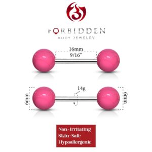 Forbidden Body Jewelry 14 g 16 mm Stainless Steel Nipple or Tongue Ring Barbell Set with Acrylic Balls (Pink)