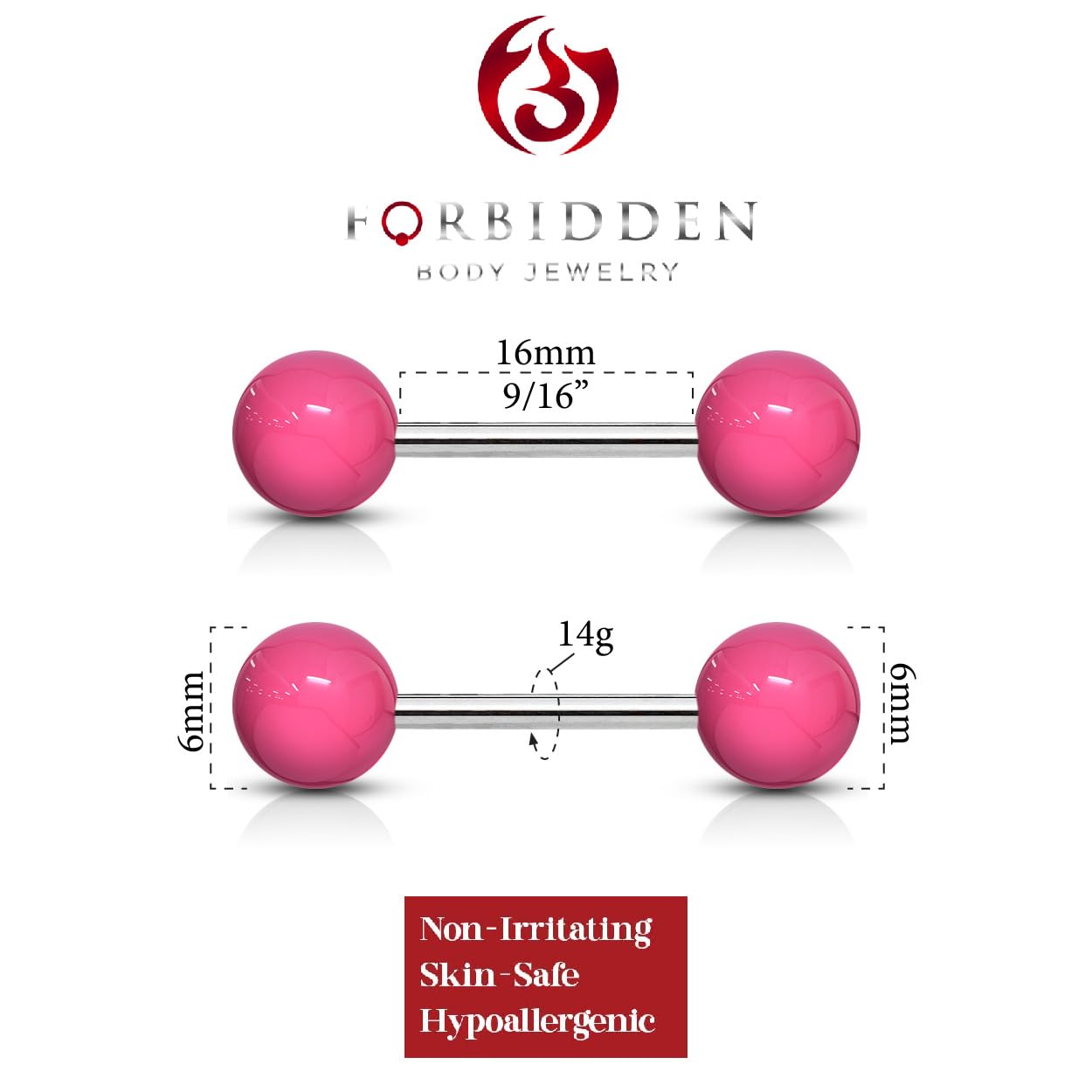 Forbidden Body Jewelry 14 g 16 mm Stainless Steel Nipple or Tongue Ring Barbell Set with Acrylic Balls (Pink)