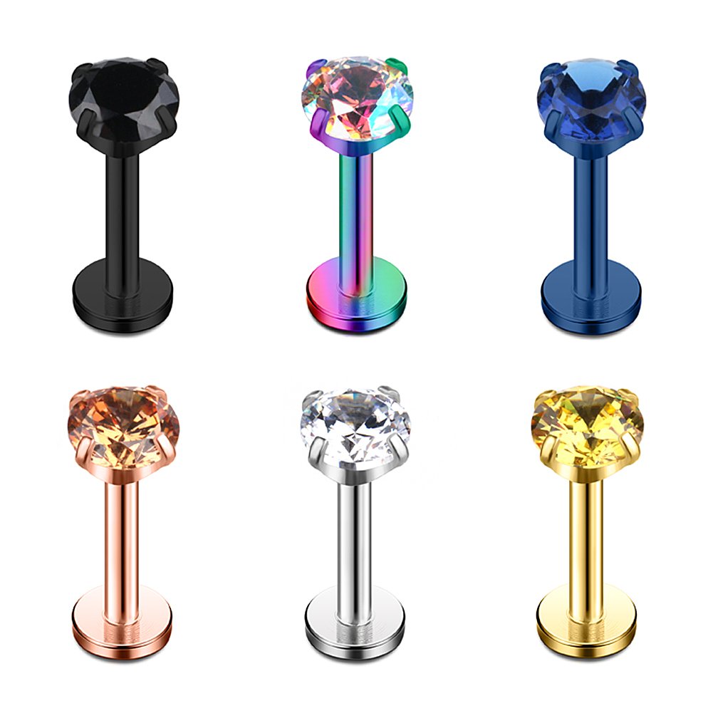 Ruifan 4mm Mix Color CZ Gem Internally Threaded Labret Monroe Lip Ring Tragus Nail Helix Earring Stud Barbell Piercing Jewelry 16G 8mm 6pcs