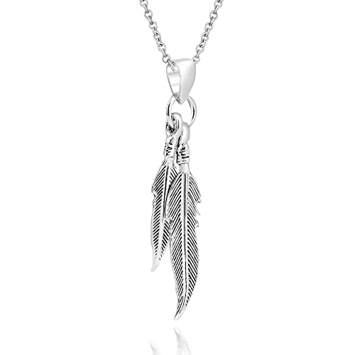 AeraVida Unisex Double Etched Feather Sterling Silver Dangle Necklace