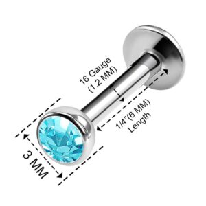 BanaVega 3PCS Surgical Steel Internally Threaded Labret 16g 1/4 6mm 3mm Sapphire Crystal Lobe Earrings Tragus Piercing Jewelry 0456