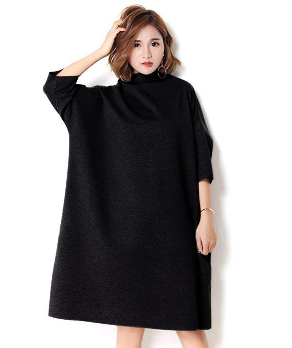 LAI MENG FIVE CATS Women's Casual 3/4 Sleeve Turtleneck Oversized Loose Sweatshirt Pullover Top ONE Size Black