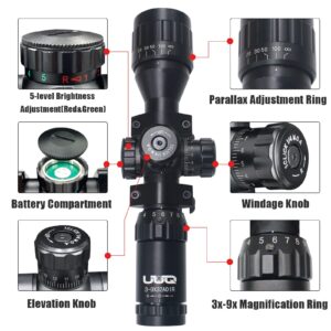 UUQ 3-9x32 Tactical Rifle Scopes,Front AO (Parallax Adjustment) Red Green Illuminated, Mil-dot Reticle,Locking/Hold Zero Turrets, High Profile Mount Rings (12 Month Warranty)