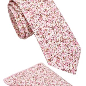 ZENXUS Mens Cotton Skinny Pink Floral Tie Combo Set with Pocket Square Pink Daisy