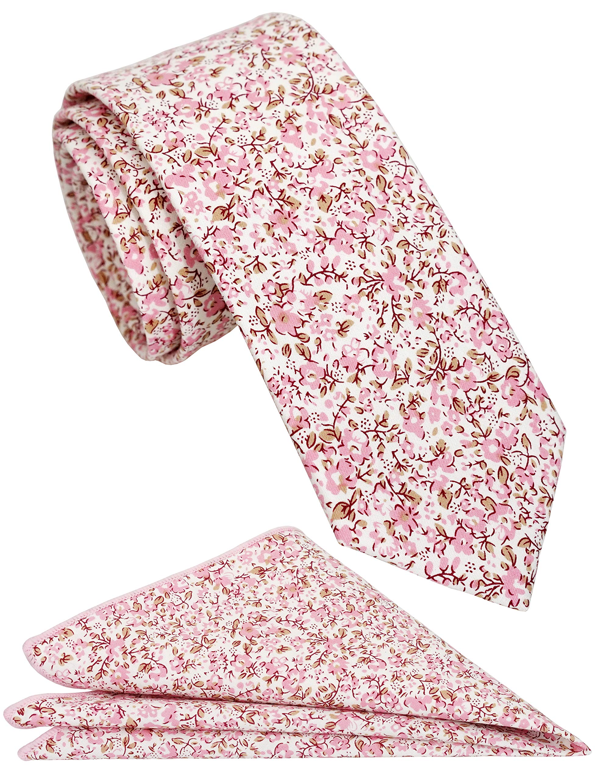 ZENXUS Mens Cotton Skinny Pink Floral Tie Combo Set with Pocket Square Pink Daisy