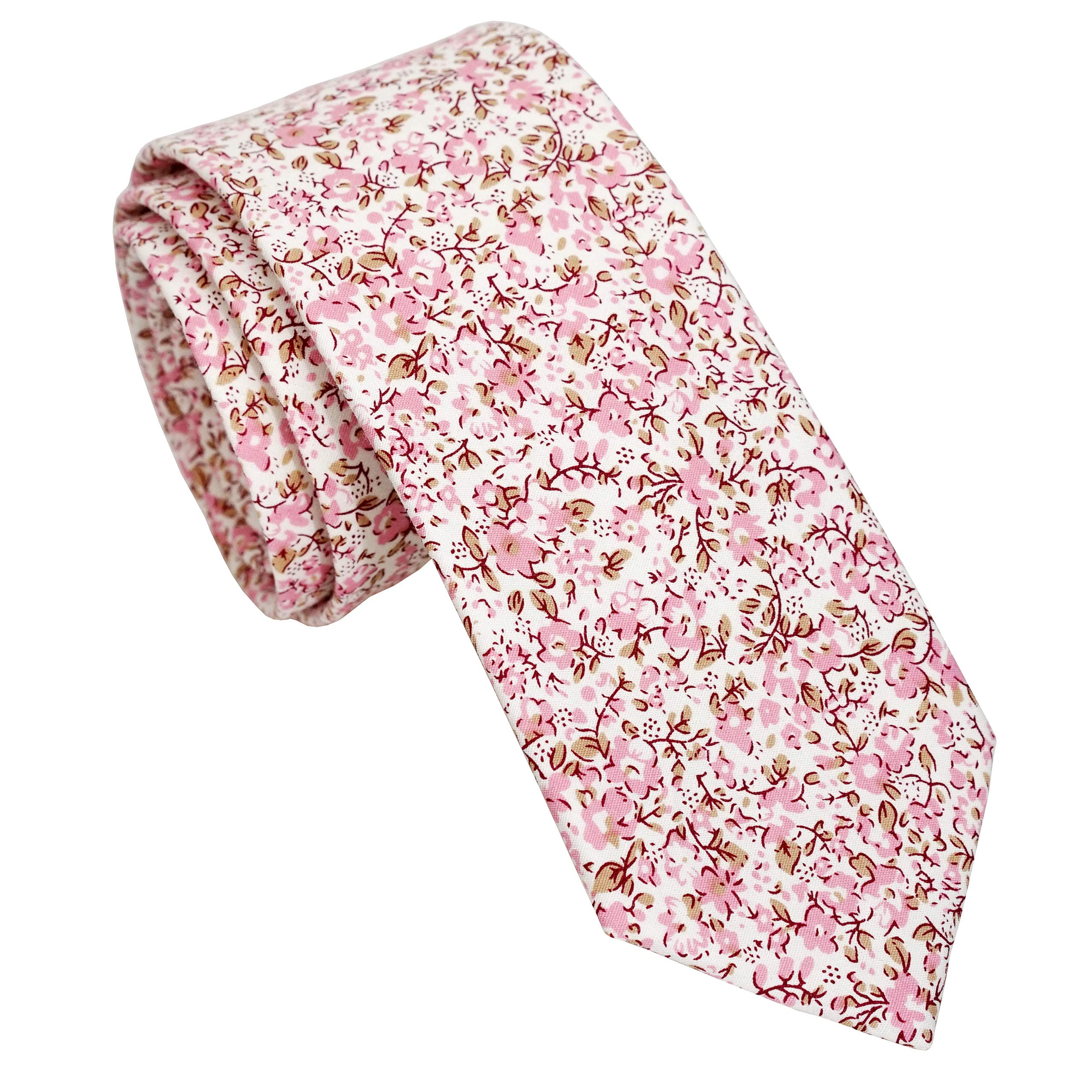 ZENXUS Mens Cotton Skinny Pink Floral Tie Combo Set with Pocket Square Pink Daisy