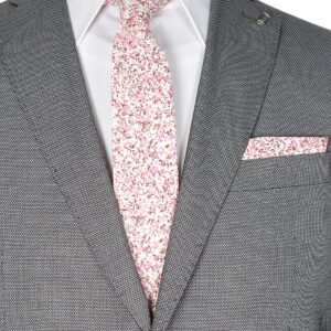 ZENXUS Mens Cotton Skinny Pink Floral Tie Combo Set with Pocket Square Pink Daisy